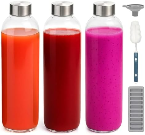 Bottiglie d'acqua in vetro trasparente con tappi in acciaio inox, 950 ml, set da 3 Bottiglie d'acqua in vetro trasparente con tappi in acciaio inox, 950 ml, set da 3