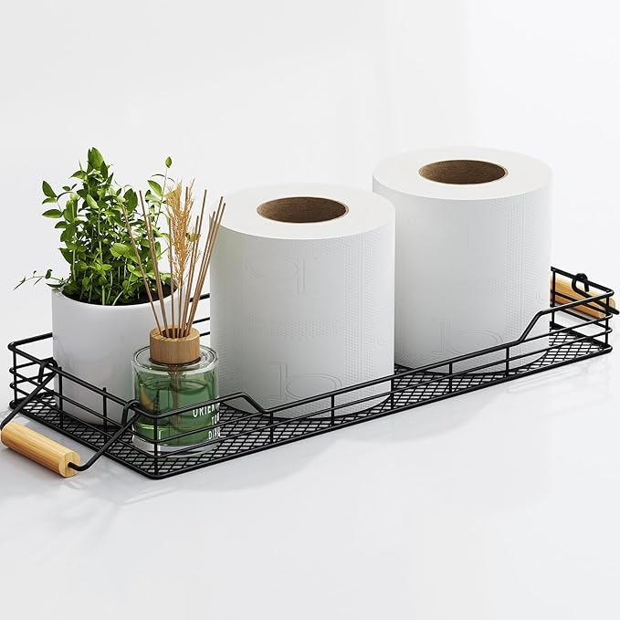 Cestino porta carta igienica in metallo, vassoio per serbatoio WC con manico in bambù, appoggio sul retro del vassoio WC per decorazione del piano del bagno/cucina, nero Cestino porta carta igienica in metallo, vassoio per serbatoio WC con manico in bambù, appoggio sul retro del vassoio WC per decorazione del piano del bagno/cucina, nero