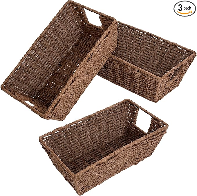 Cestini portaoggetti in corda di carta per organizzare gli scaffali, piccoli cestini organizer in vimini intrecciato a mano con manico per riporre la carta igienica in bagno, marroni, confezione da 3 Cestini portaoggetti in corda di carta per organizzare gli scaffali, piccoli cestini organizer in vimini intrecciato a mano con manico per riporre la carta igienica in bagno, marroni, confezione da 3